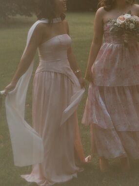 Blush Pink Asymmetrical Bodice Bridesmaid Dresses